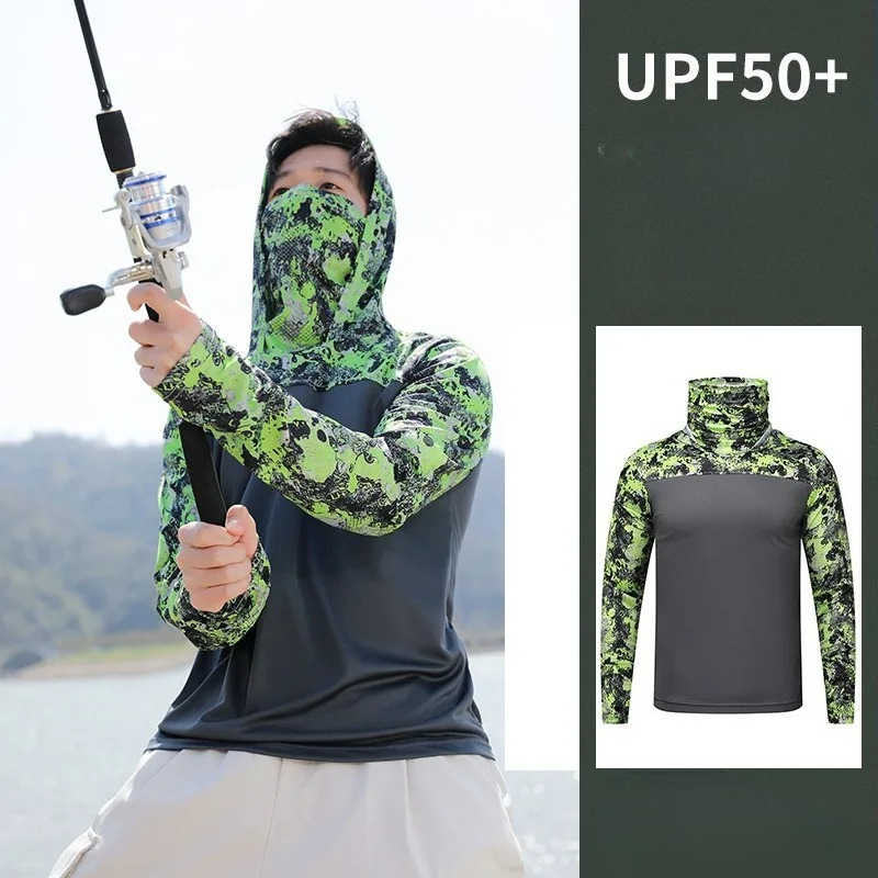 Fishing Mask Sun Protection - قميص صيد للرجال بغطاء رأس، ملابس